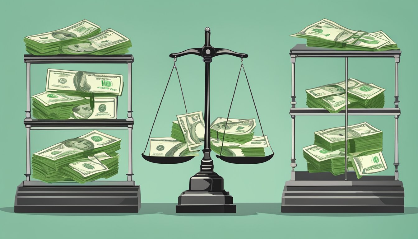 A scale with two sides: one labeled "Companies" and the other "Policies." Each side holds stacks of cash representing the cash value of a $10,000 life insurance policy