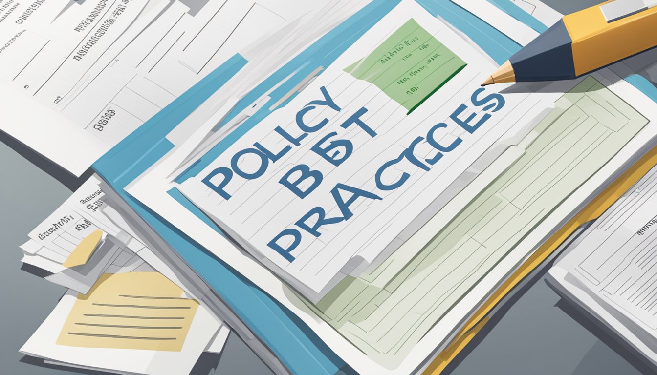 A stack of documents labeled "Policy Management and Best Practices" with a life insurance policy worth $10,000 on top