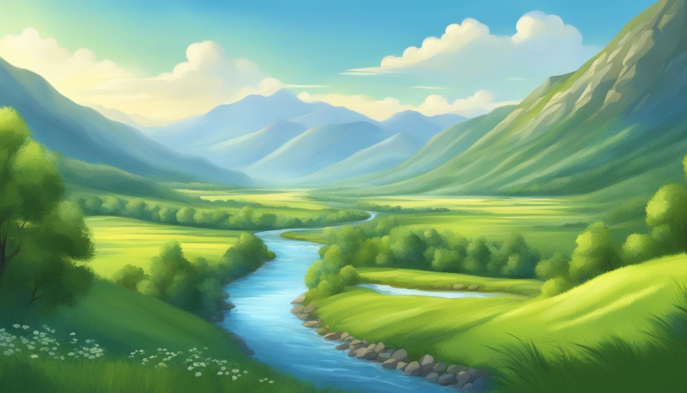 A serene, sunlit landscape with a peaceful river flowing through a lush, green valley, surrounded by tall mountains and a clear blue sky