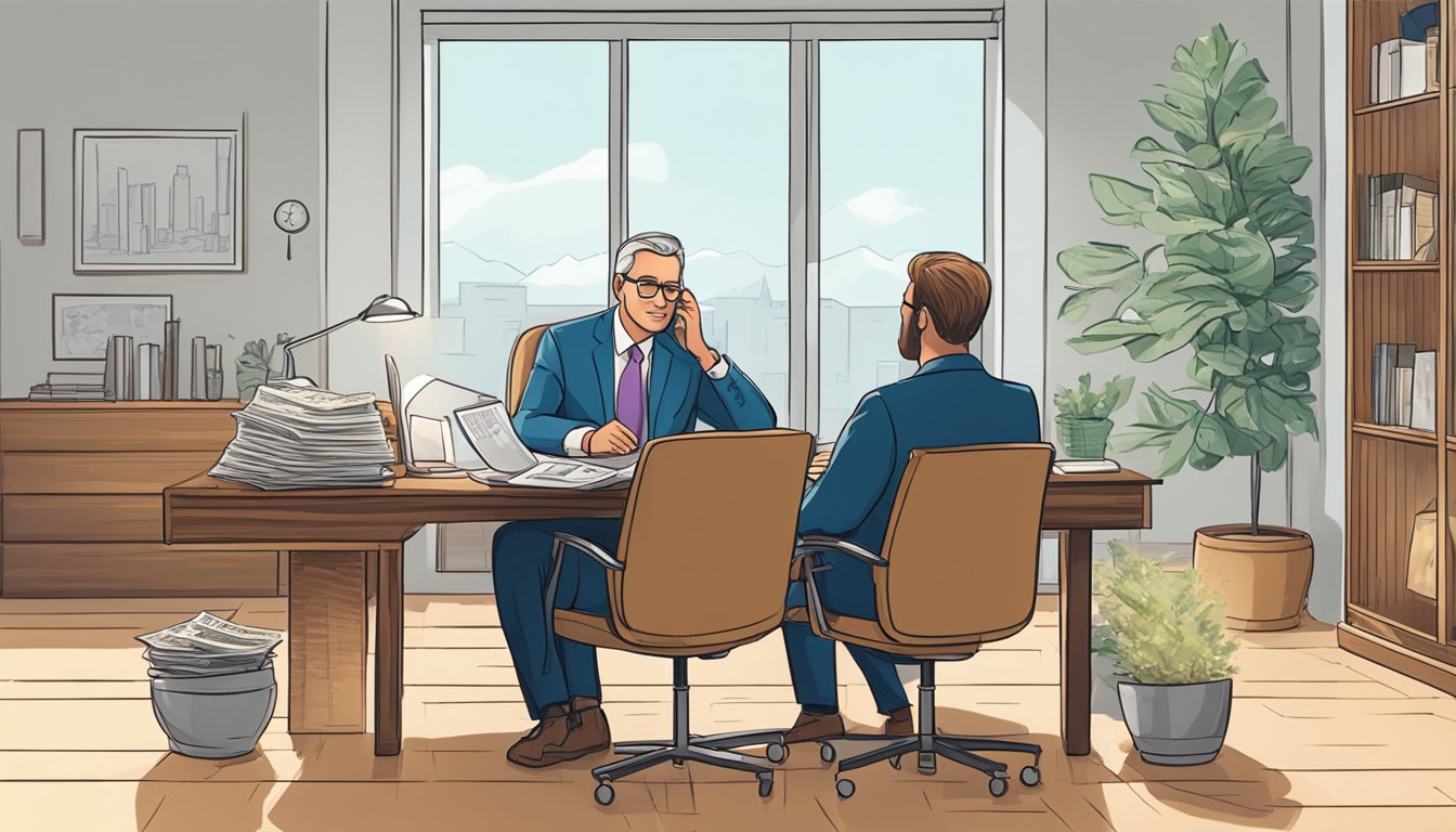 A person sitting at a desk with a financial advisor, discussing cash value life insurance for retirement