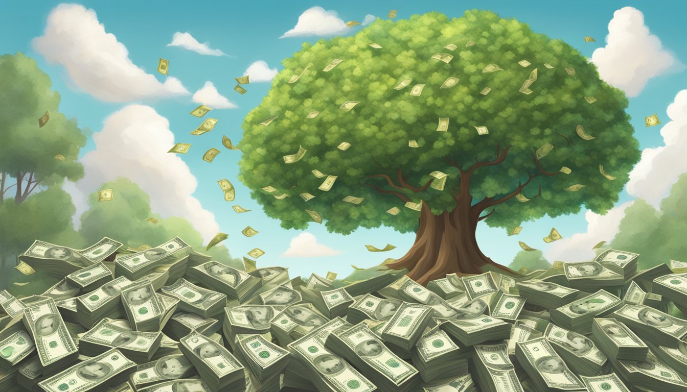 A large tree with $500,000 in cash growing from its branches, surrounded by a protective barrier