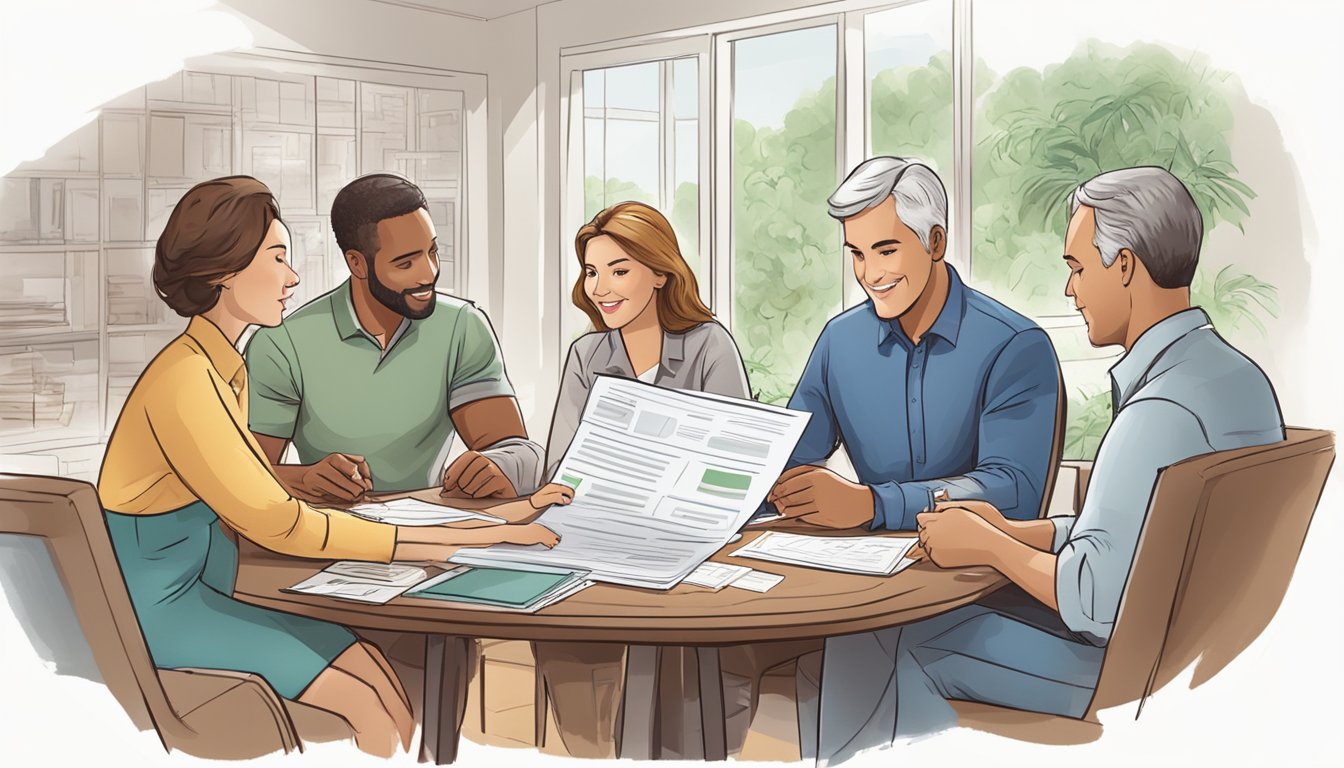 A family sitting around a table, reviewing documents with a financial advisor, while a life insurance policy with a cash value of $500,000 is prominently displayed