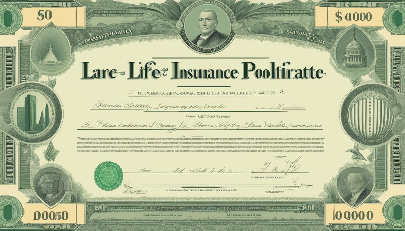 A large, ornate life insurance policy certificate with a prominently displayed cash value of $500,000, surrounded by symbols of financial growth and stability