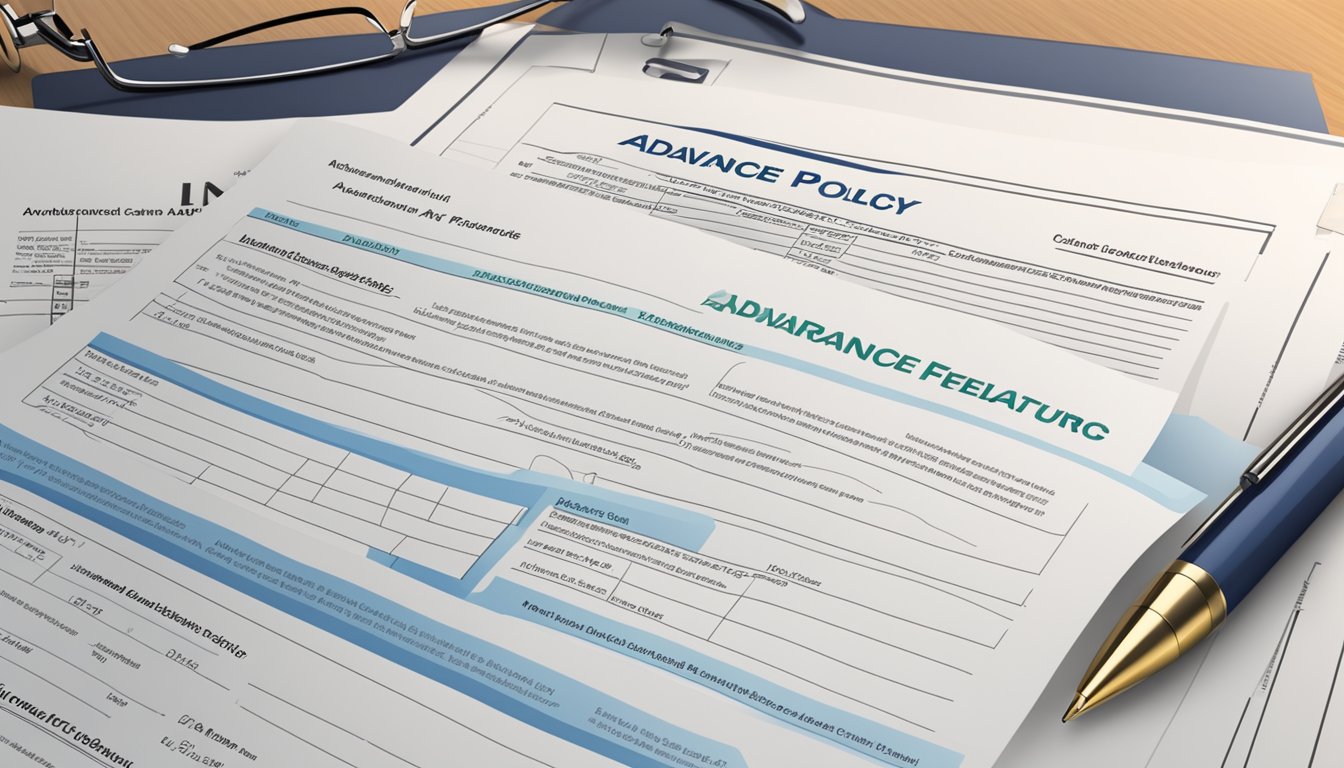 A sleek, modern insurance policy document with "Advanced Policy Features" and a cash value of $25,000