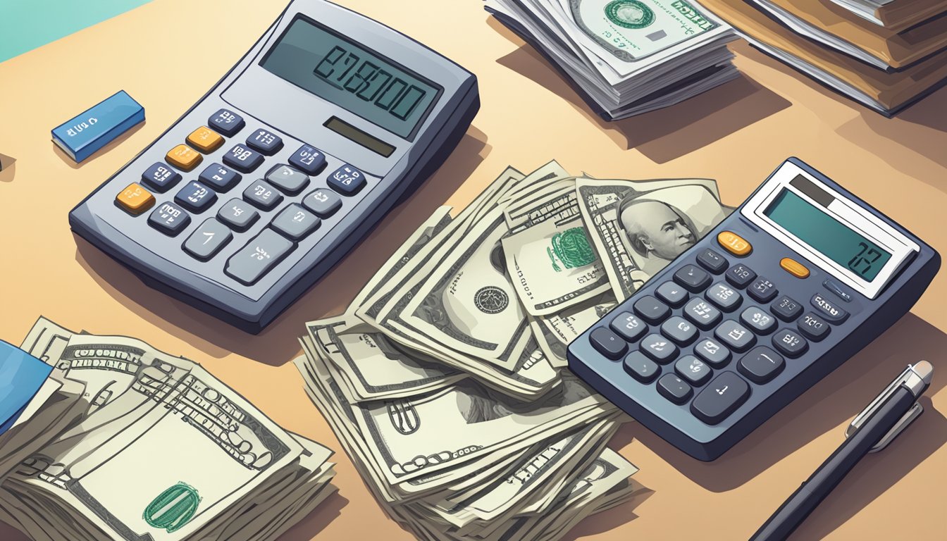 A desk with a calculator, paperwork, and a stack of cash representing the cash value of a $25,000 life insurance policy