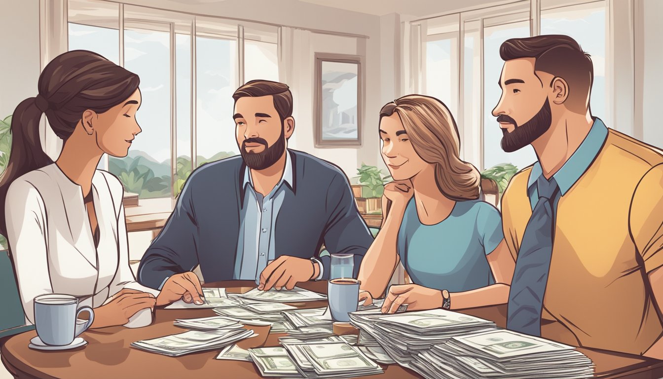 A family sitting at a dinner table, surrounded by bills and financial documents. A stack of cash value life insurance policy papers is prominently displayed