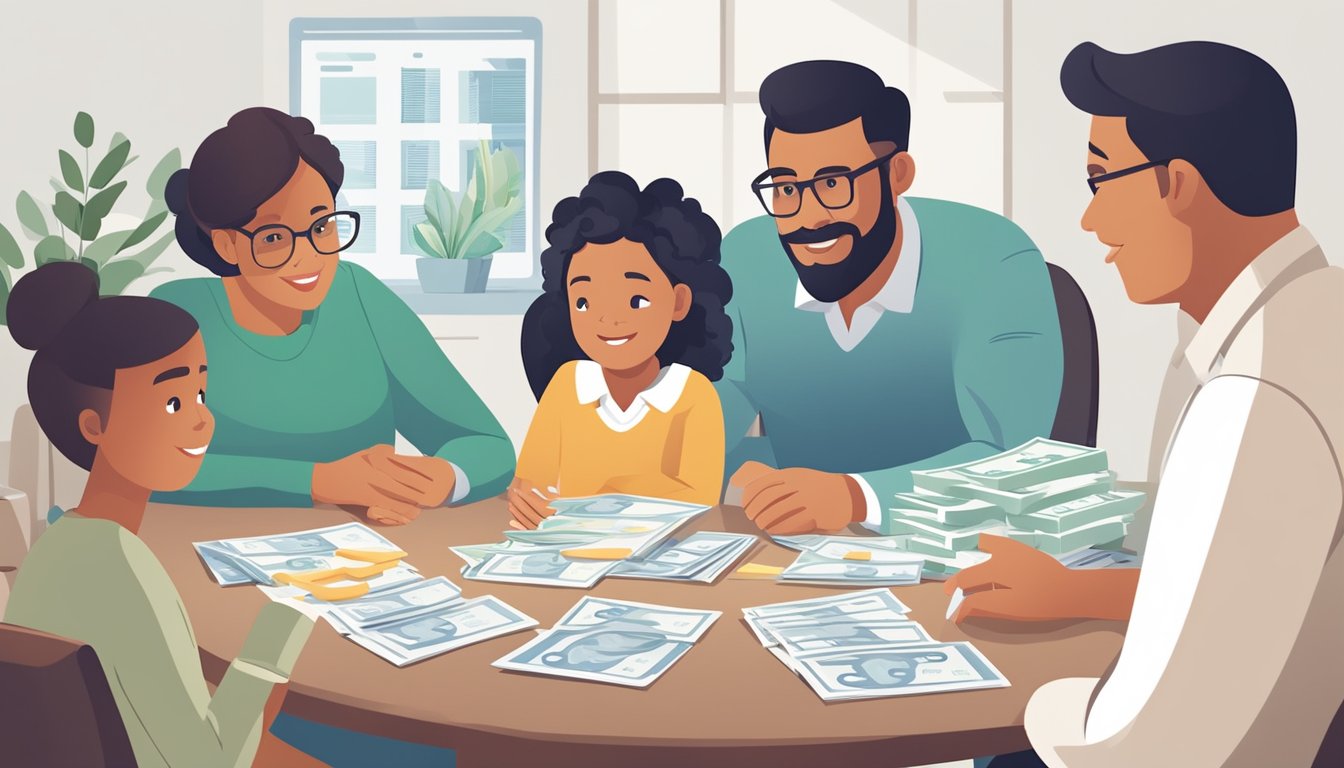 A family sits around a table, discussing different cash value life insurance options with a financial advisor. Charts and graphs are spread out in front of them