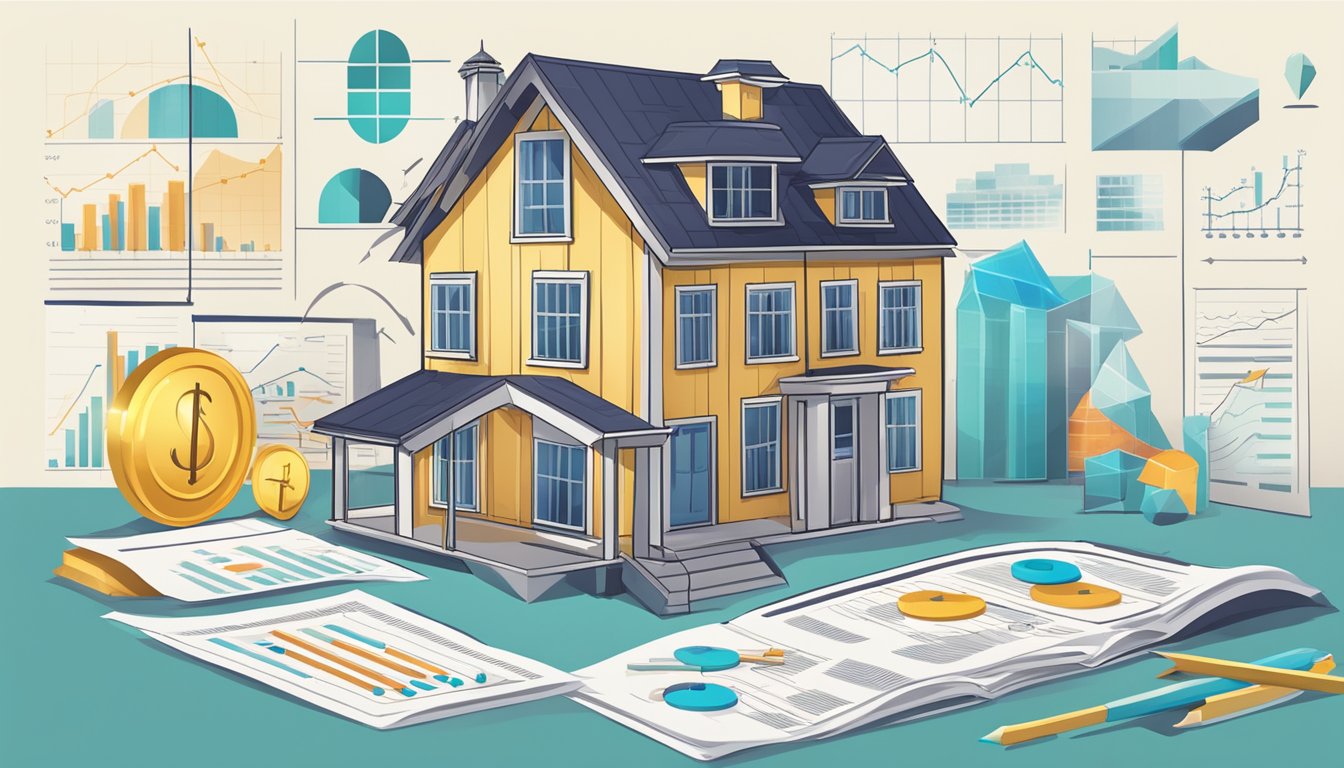 A house and a life insurance policy surrounded by financial charts and graphs, with arrows pointing from the policy to the house, depicting the potential risks and considerations of using cash value life insurance for real estate