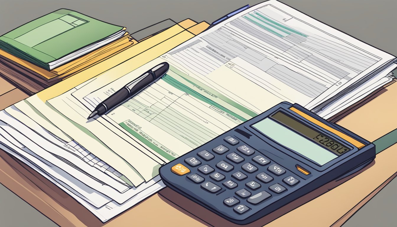 A stack of financial documents, including balance sheets and ledger entries, arranged neatly on a desk. A calculator and pen sit nearby, ready for use