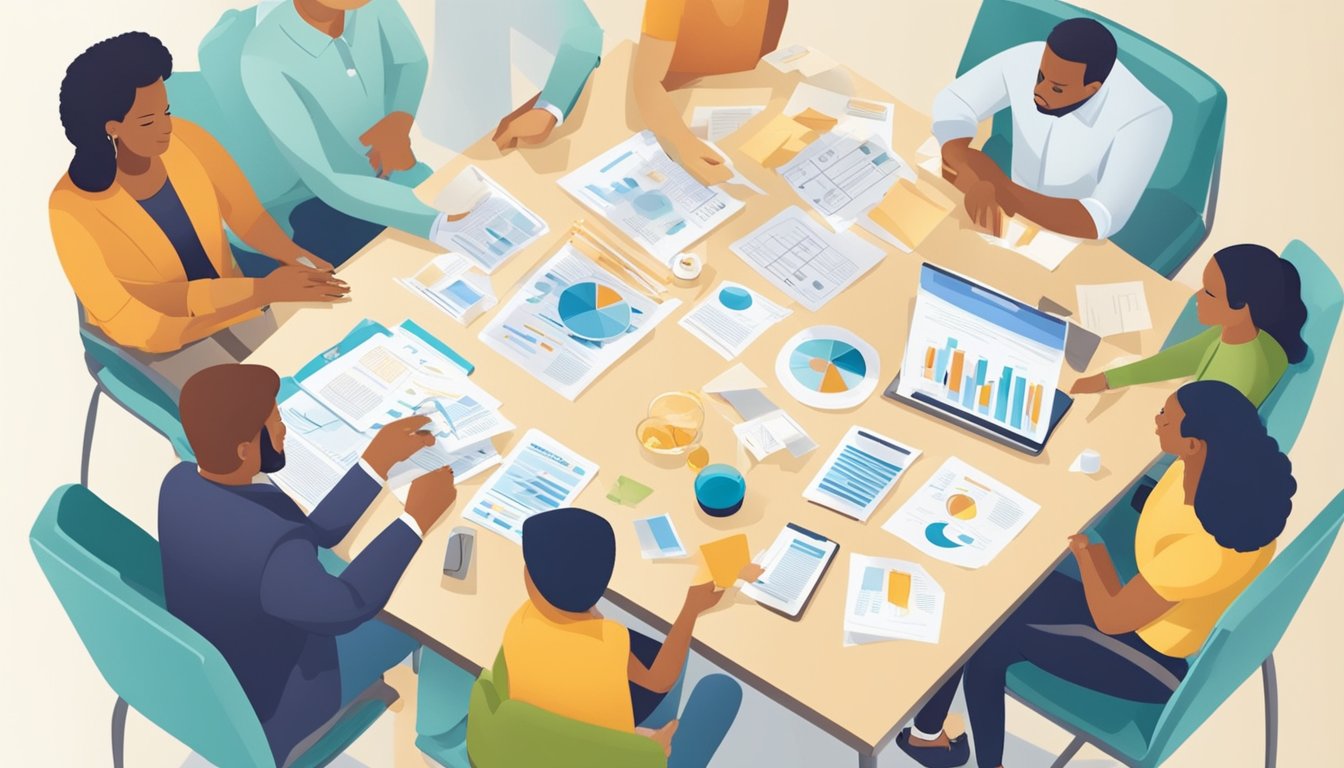 A family sits around a table, discussing life insurance options. Charts and graphs are spread out, showing the tax benefits and cash value of different policies