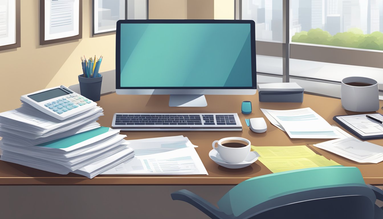 A serene office setting with a desk, computer, and calculator. A stack of insurance policy documents sits neatly organized on the desk