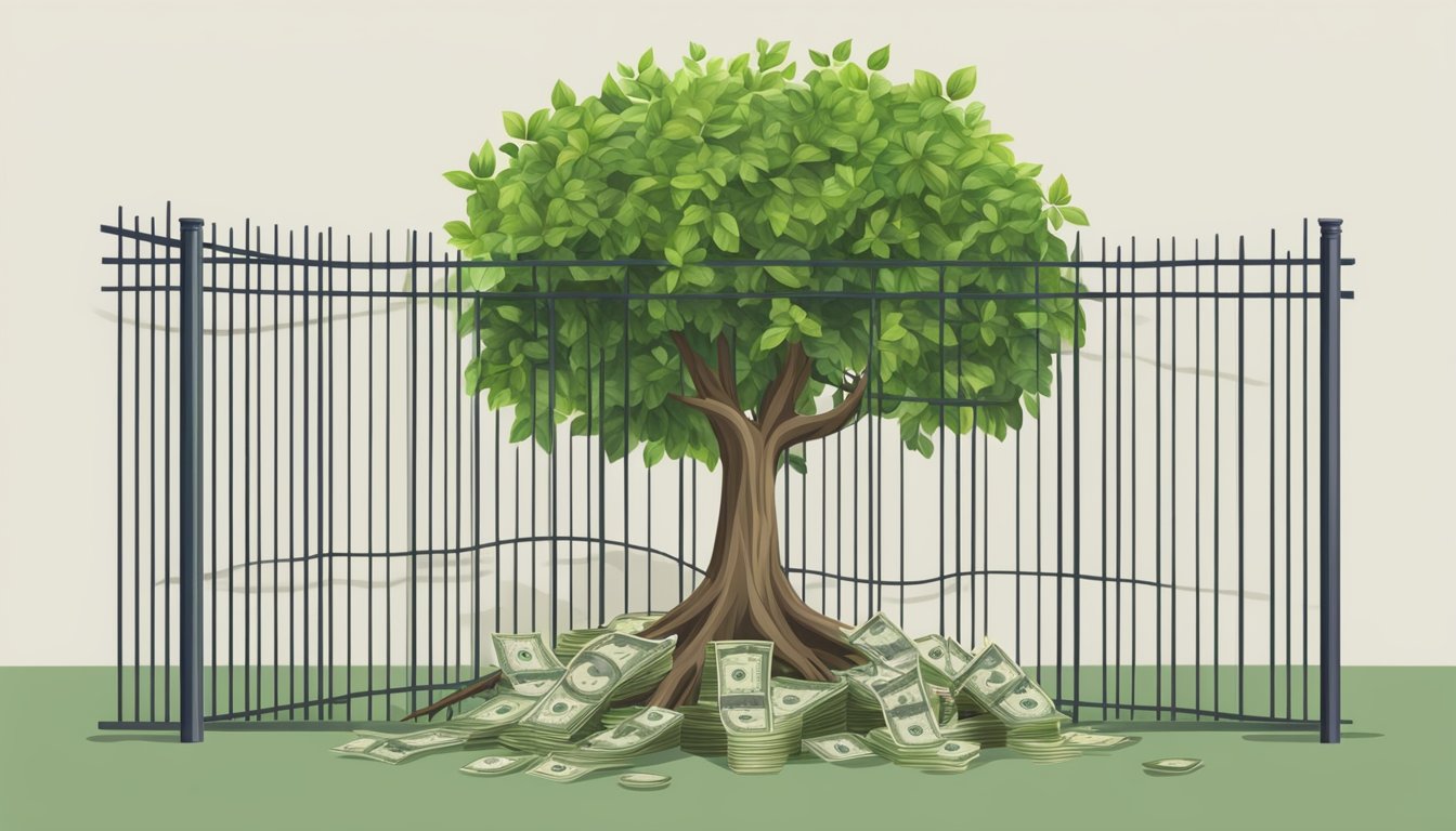 A tree growing money with roots in a bank, surrounded by a protective fence