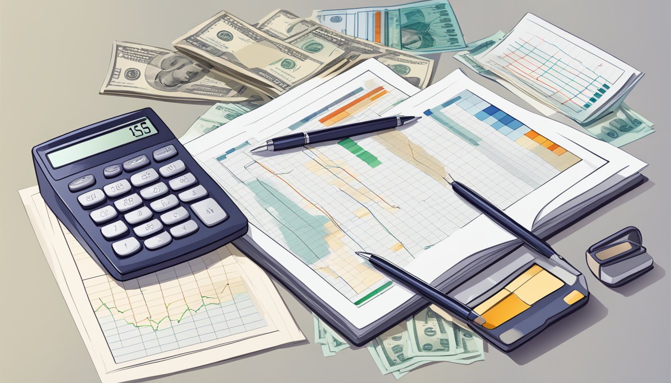 A table with financial documents, a calculator, and a graph showing the cost factors of cash value life insurance policies