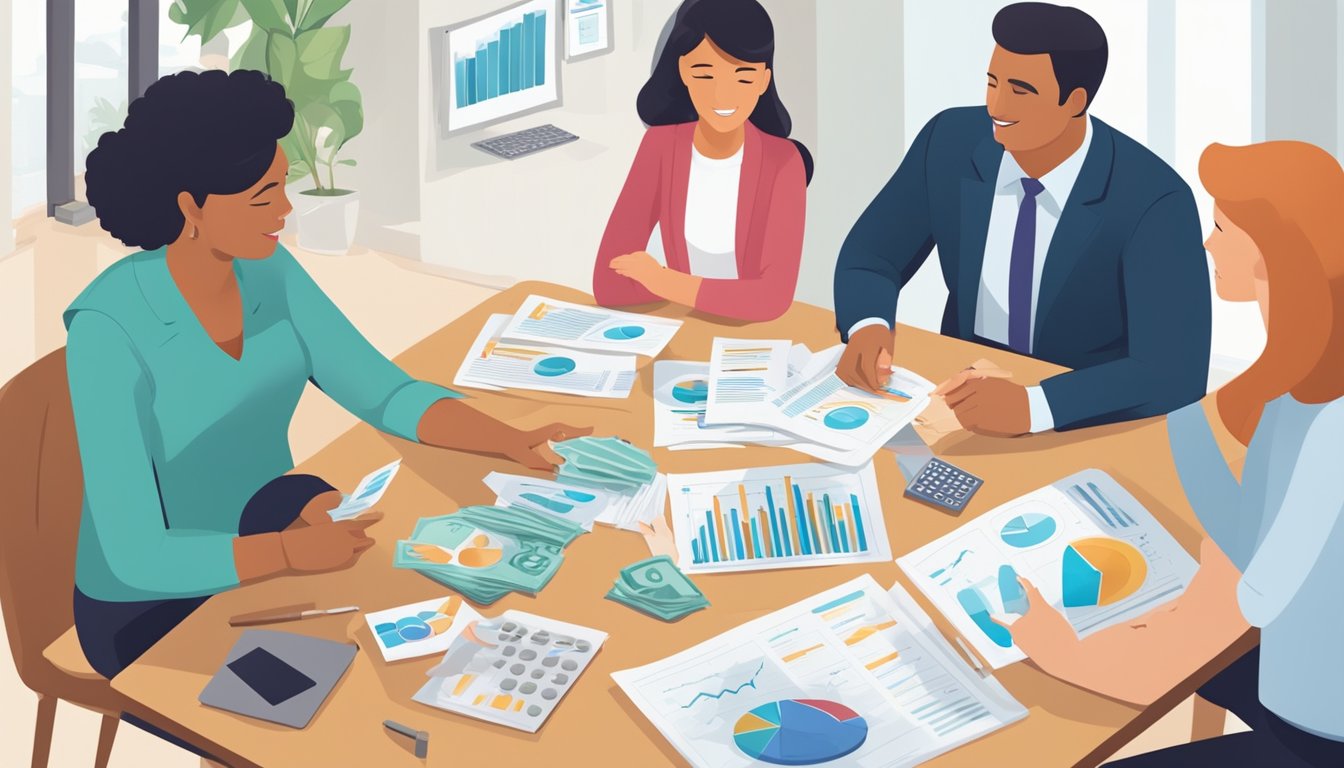 A family sits around a table with a financial advisor, discussing cash value life insurance options. Charts and graphs are spread out, illustrating different policy details