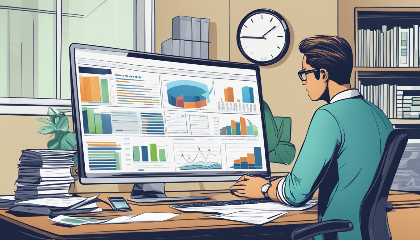 A person sitting at a desk, surrounded by financial documents and charts, with a cash value life insurance policy highlighted on the computer screen