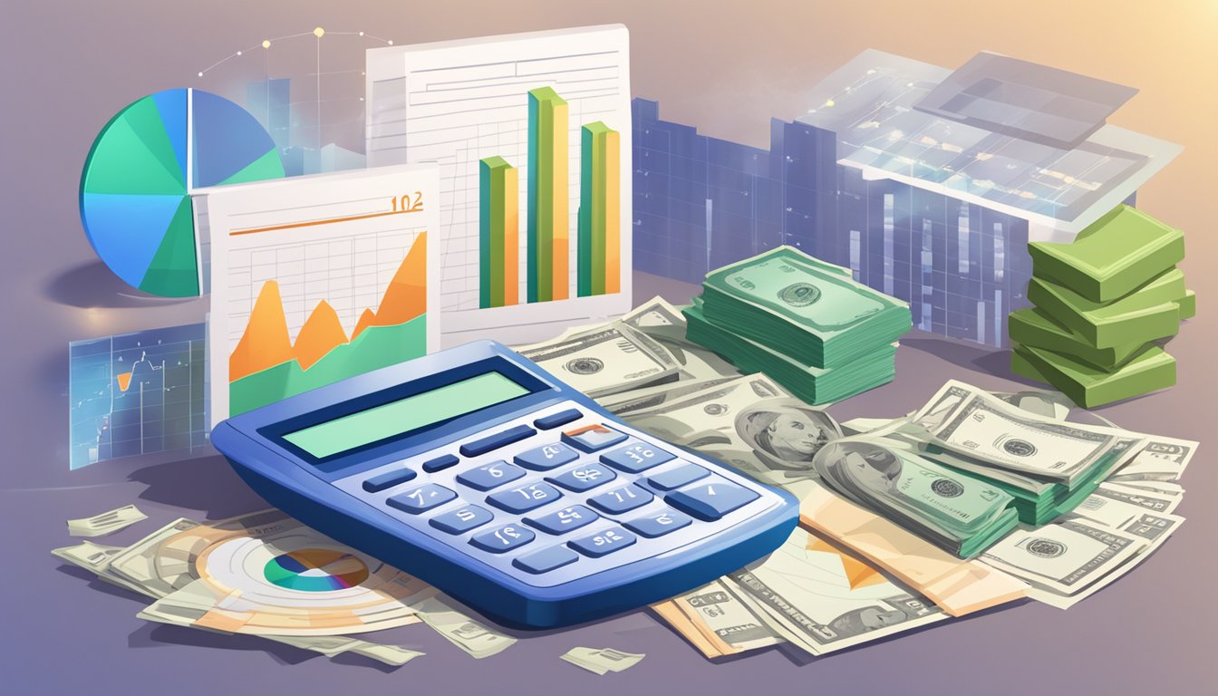 A calculator surrounded by financial charts and graphs, with a spotlight shining on the "cash value life insurance policy cost" section