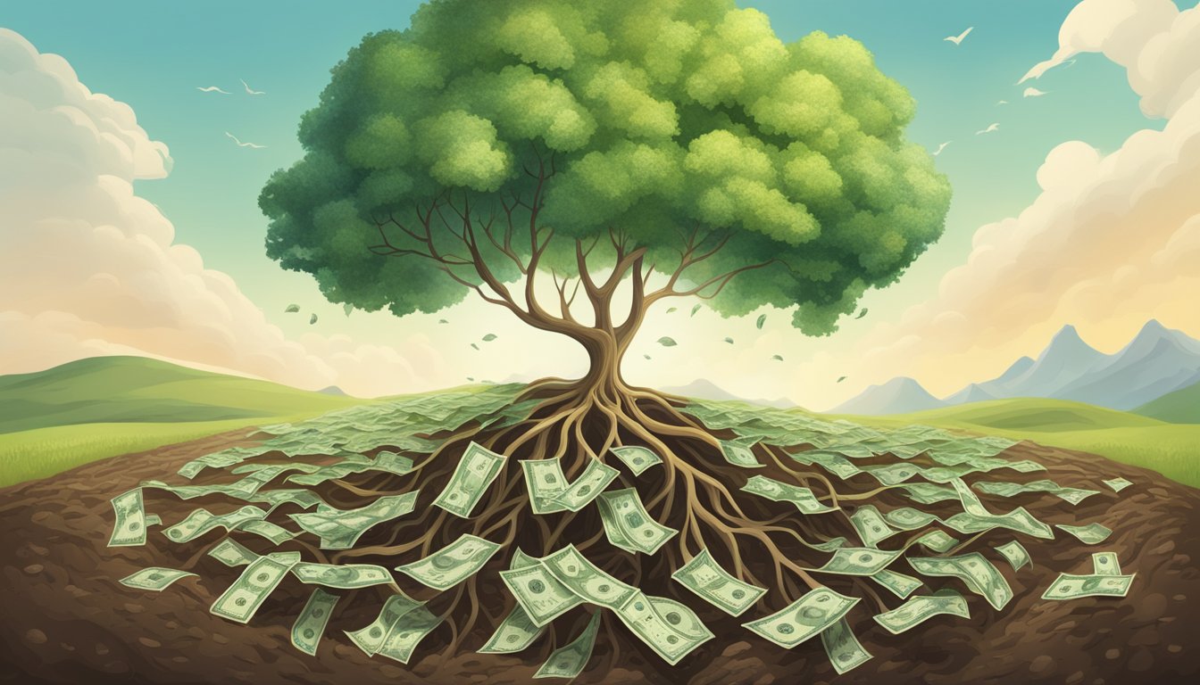 A tree growing in a fertile field, with dollar bills sprouting from its branches and roots reaching deep into the soil