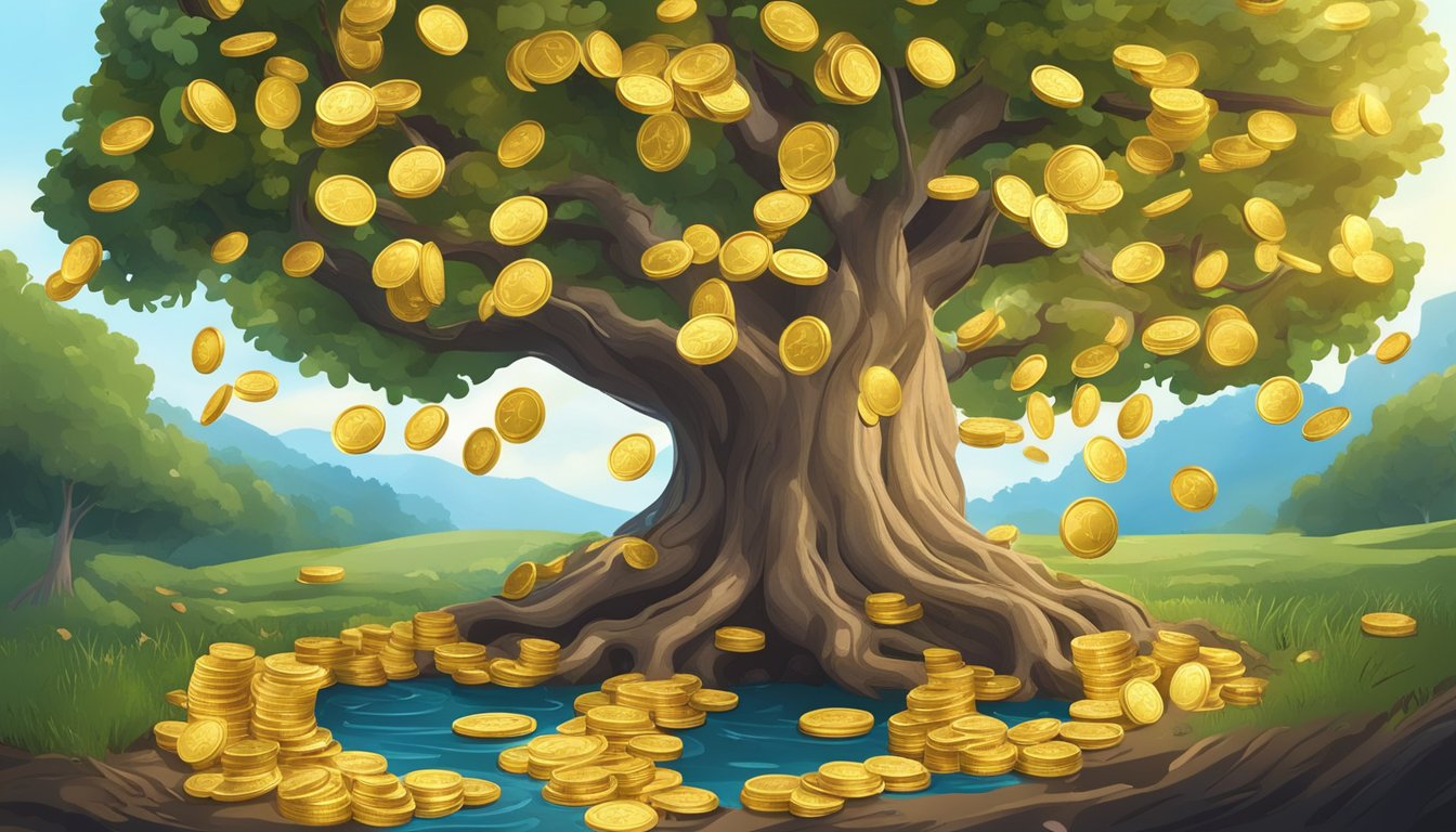 A grand oak tree with roots digging into a pile of gold coins, while a stream of money flows from the tree's branches