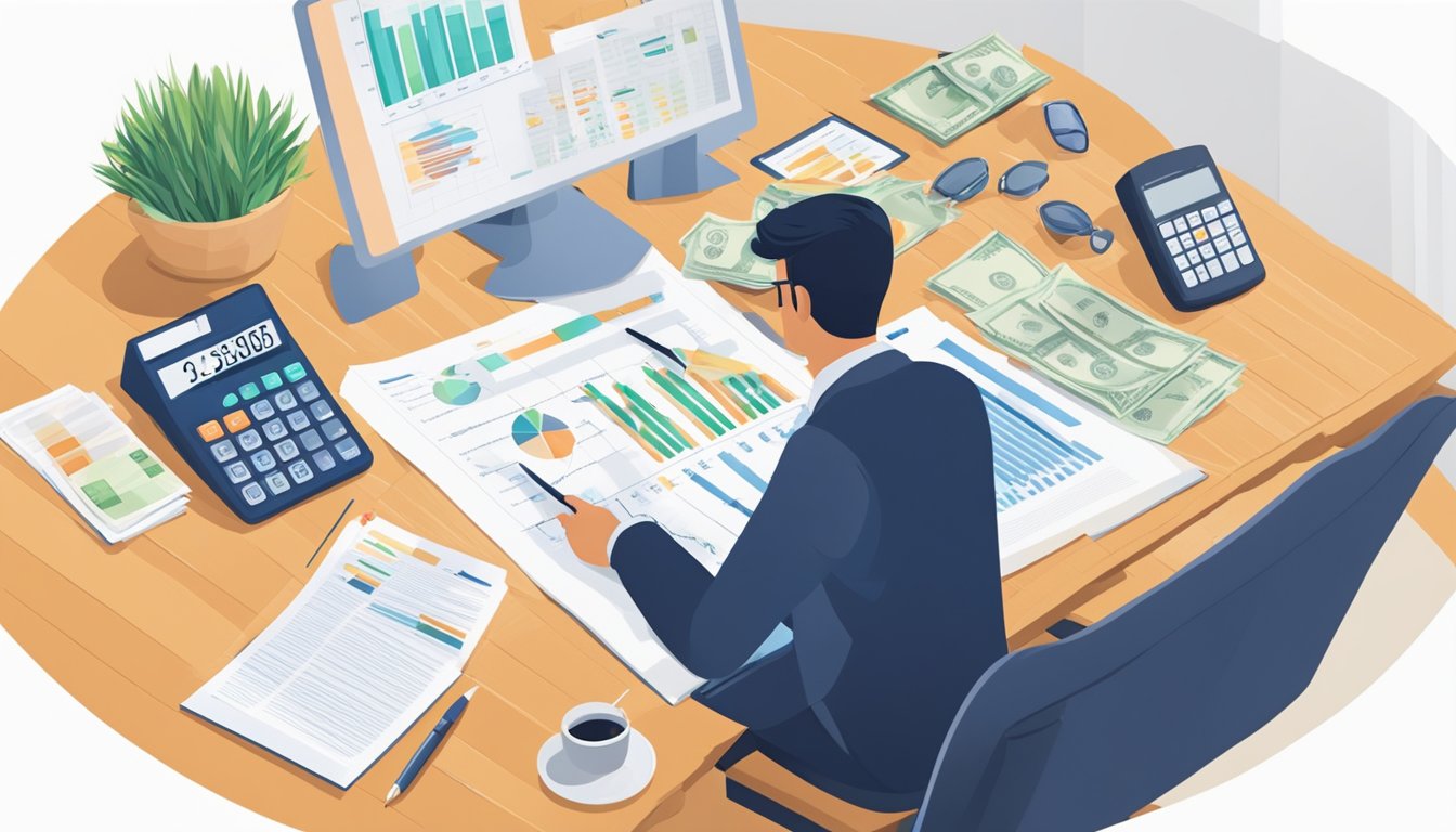 A person sitting at a desk, explaining a cash value life insurance policy to a client with charts and documents spread out in front of them