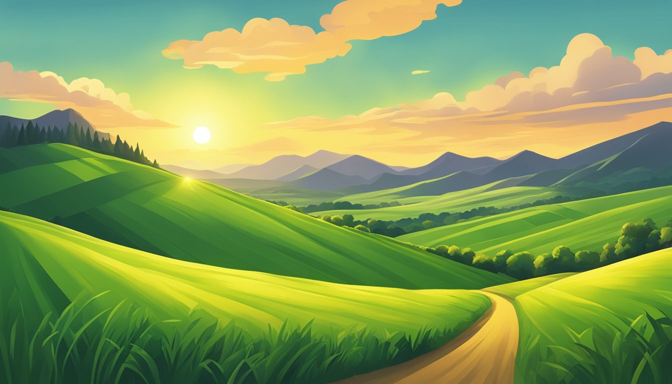 A lush green field with a golden sun setting behind a distant mountain, casting long shadows and a warm glow over the scene