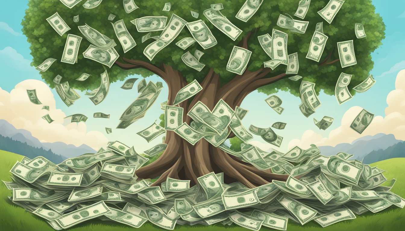 A tree with $100,000 cash growing from its branches, surrounded by a protective life insurance shield