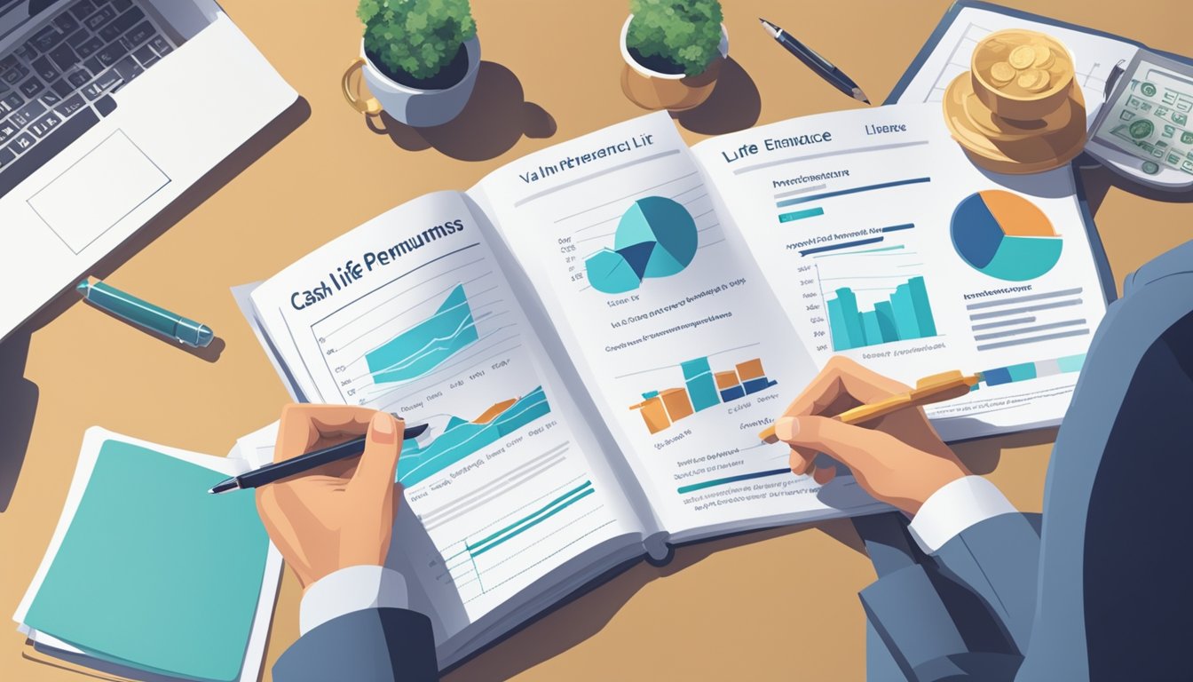 A financial advisor discussing estate and retirement planning with a client, pointing to a chart showing the benefits of cash value life insurance premiums