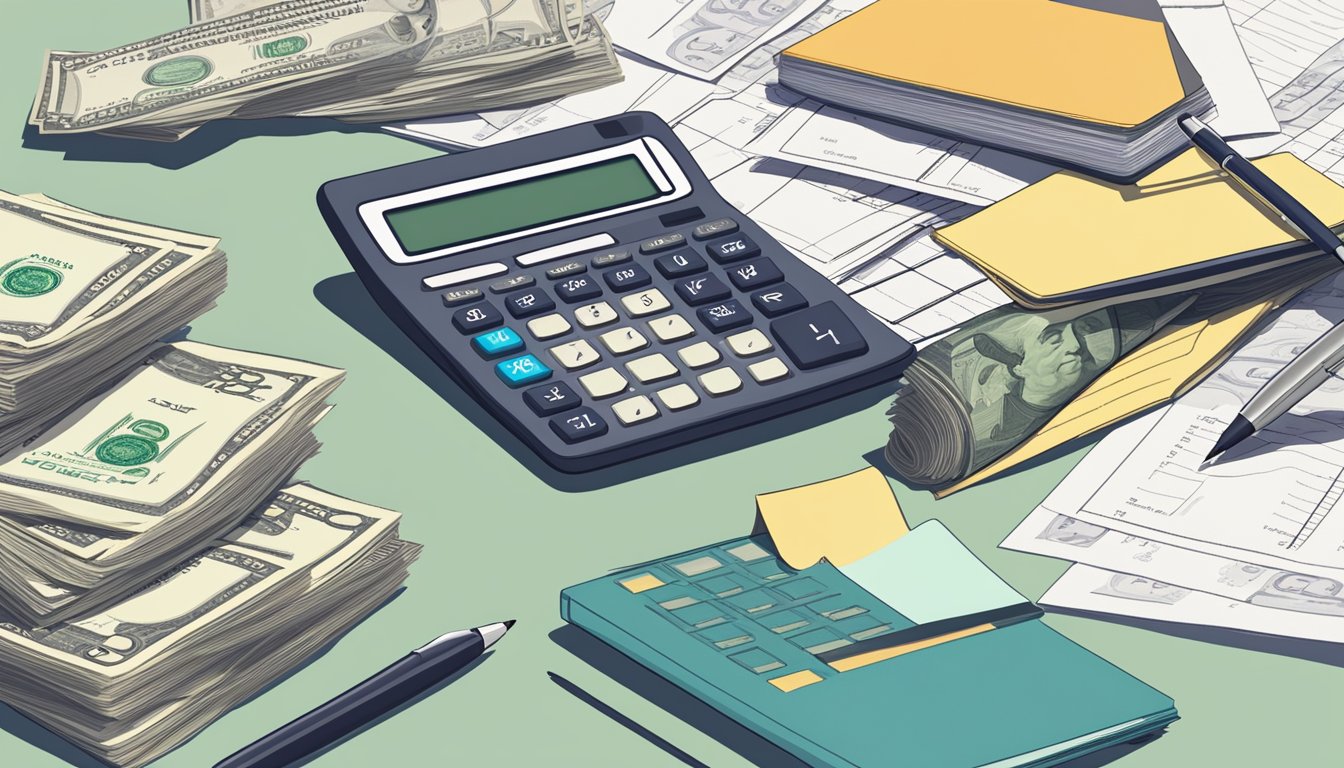 A desk with a calculator, paperwork, and a pen. A stack of money representing the cash value of the life insurance policy