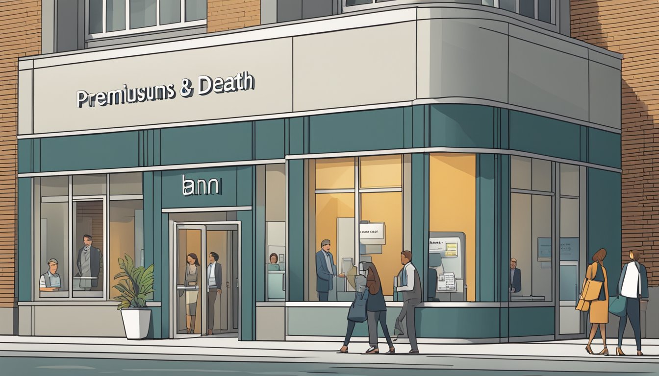 A sleek, modern bank building with a sign reading "Premiums and Death Benefits" above the entrance. A line of customers waits at the teller windows