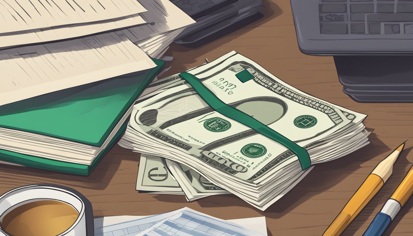 A stack of cash and a life insurance policy sit on a desk, surrounded by financial documents and a fidelity symbol