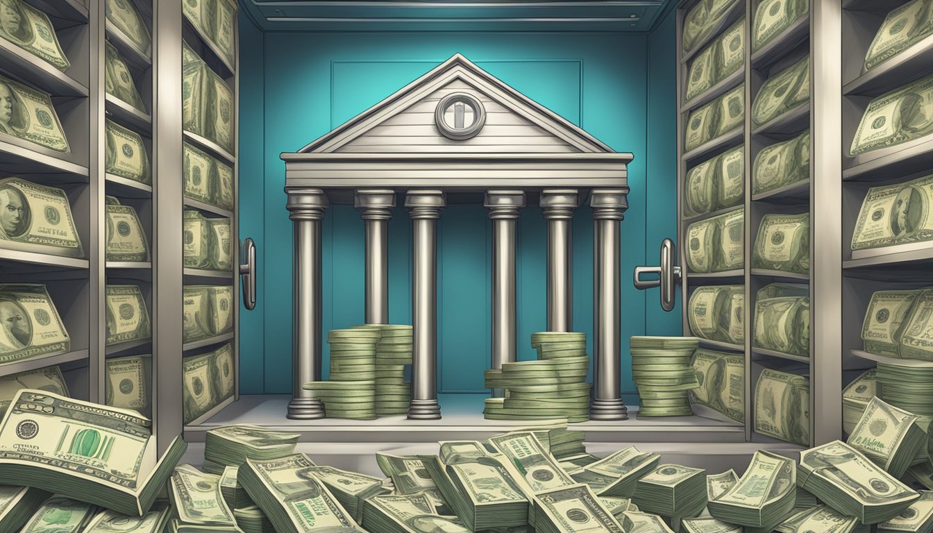 A secure vault with stacks of cash and a life insurance policy, surrounded by symbols of trust and fidelity