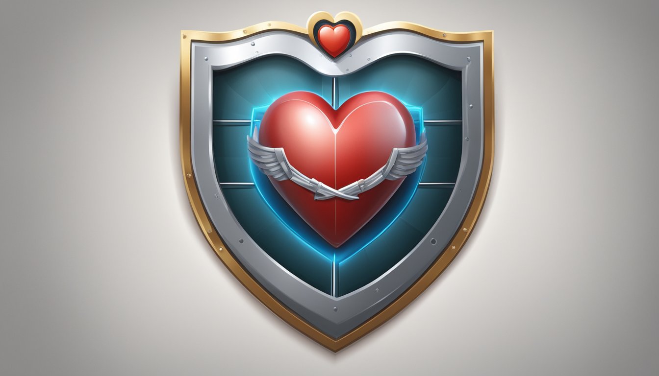 A heart surrounded by a shield, with a medical cross in the background