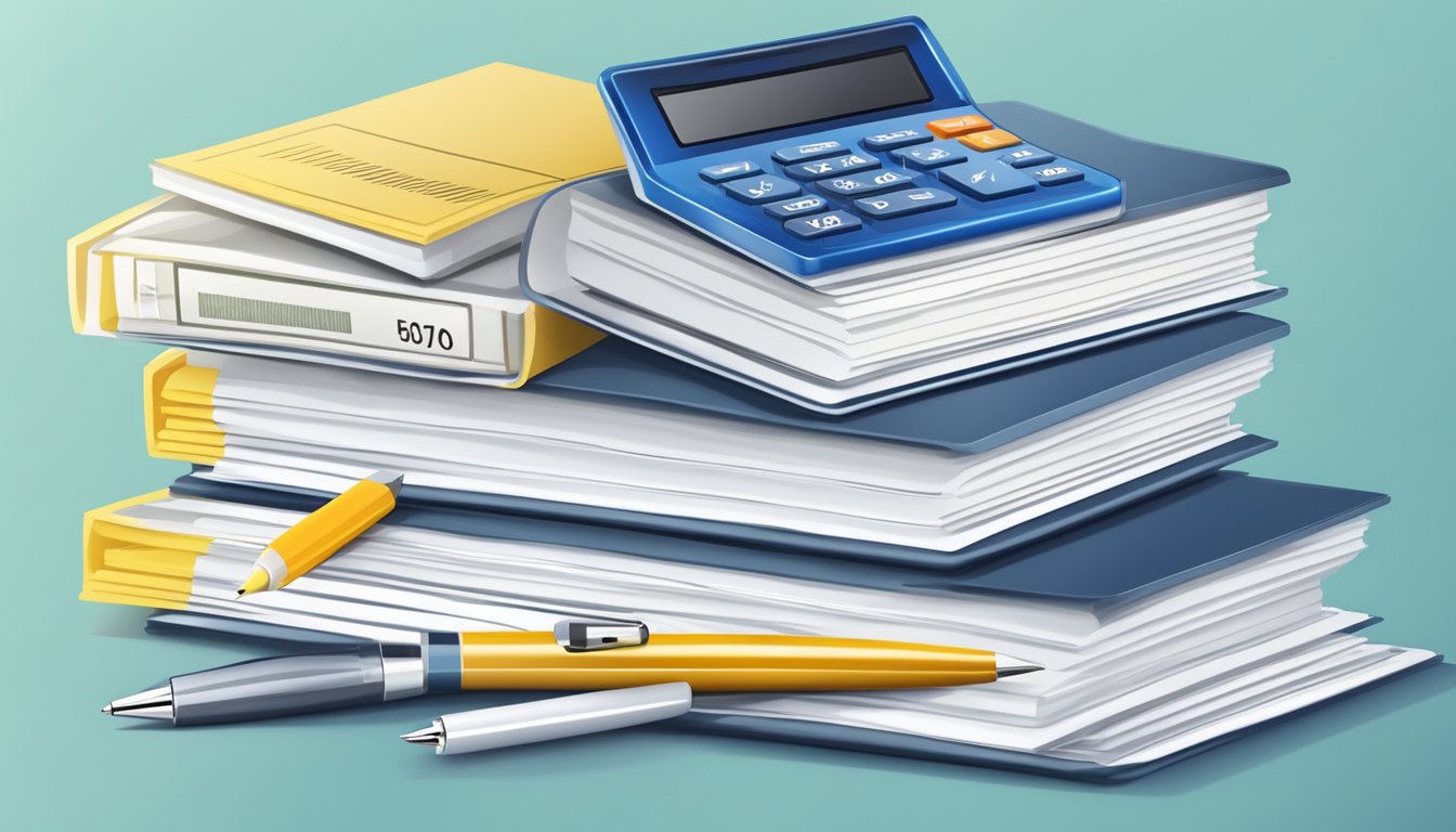 A stack of insurance policy documents with a calculator and pen