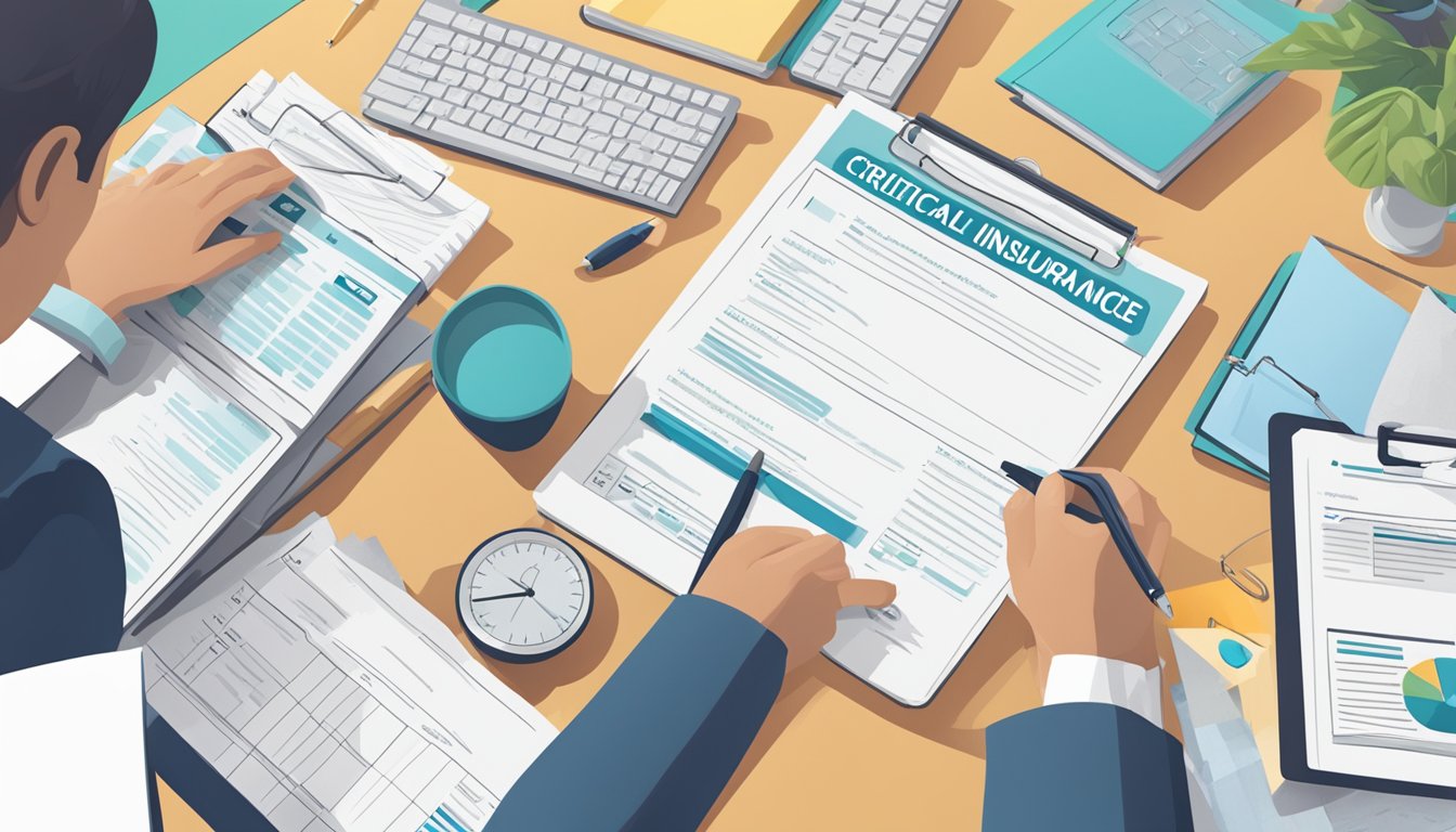 A person researching critical illness insurance policies with various options laid out on a desk