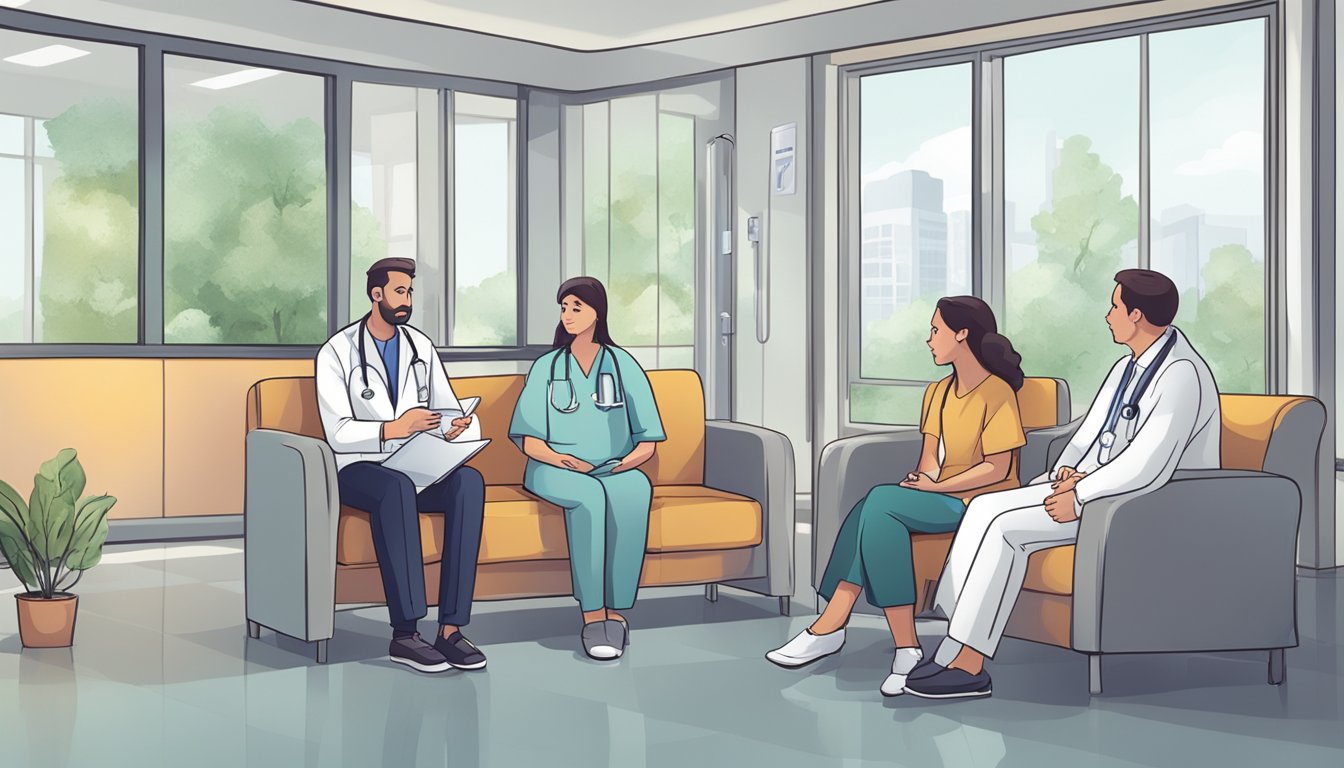 A doctor explaining critical illness insurance to a worried family in a hospital waiting room