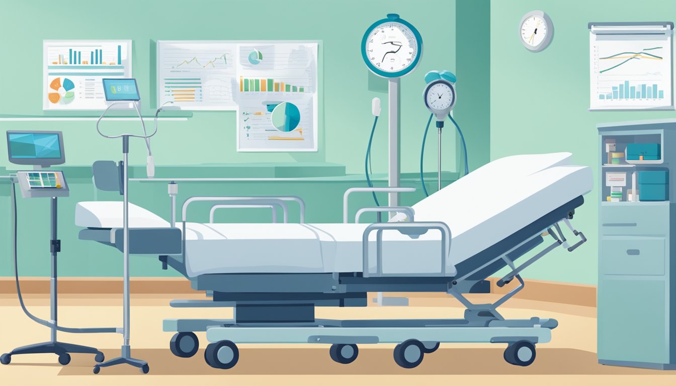 A hospital bed with a single chair beside it, surrounded by medical equipment and a chart showing statistics and information about critical illness insurance