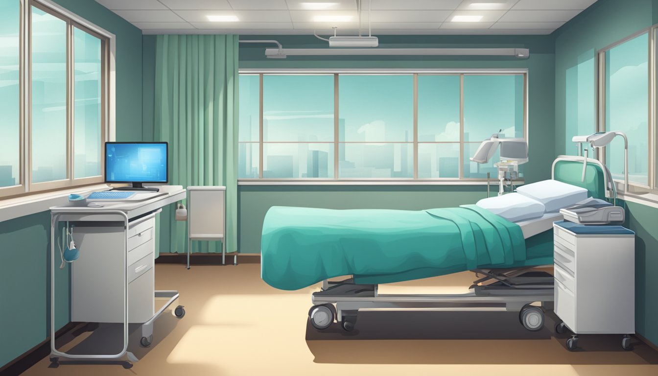 A hospital room with medical equipment and a single bed, with a somber atmosphere