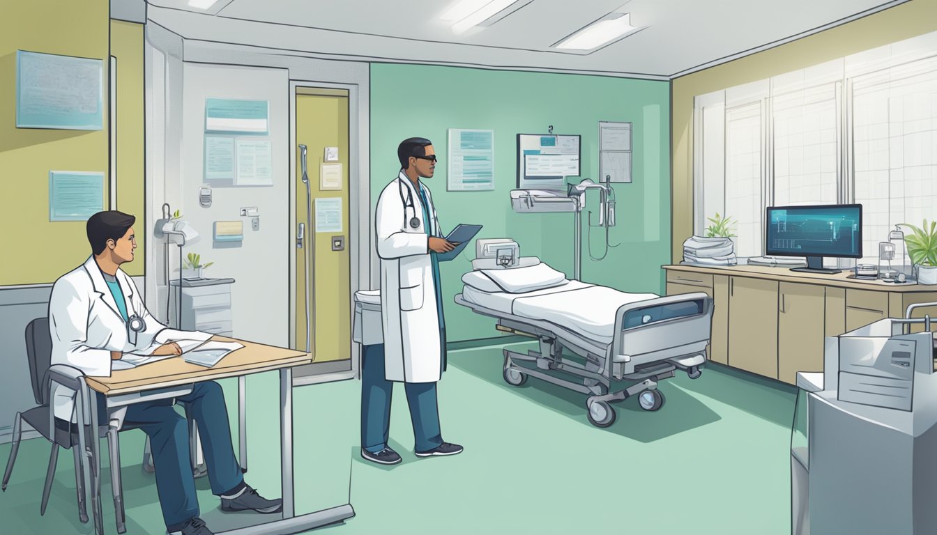 A hospital room with a doctor discussing critical illness insurance options with a patient. Medical charts and pamphlets on cancer treatment are visible