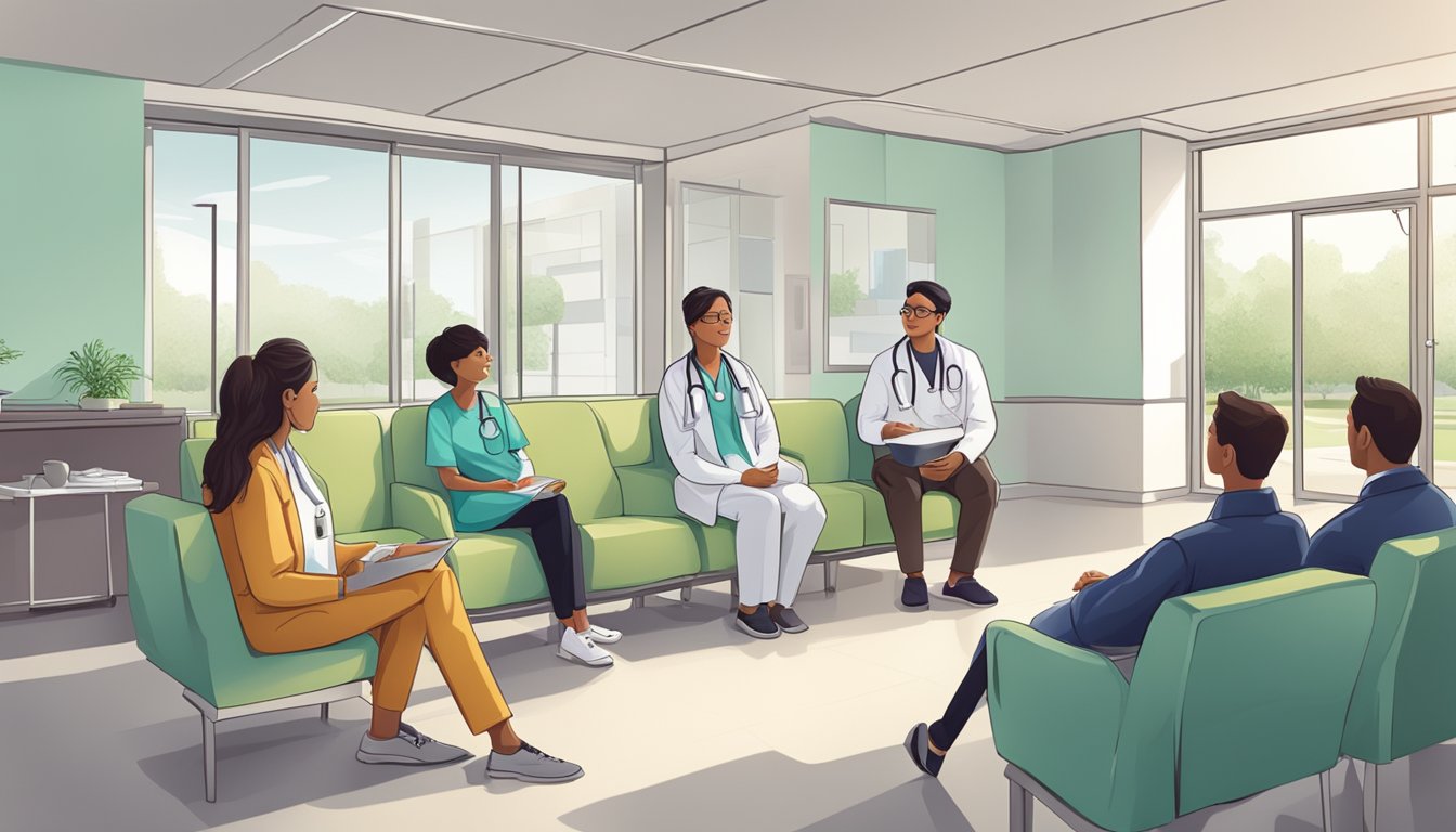 A doctor discussing critical illness insurance with a patient's family in a hospital waiting room