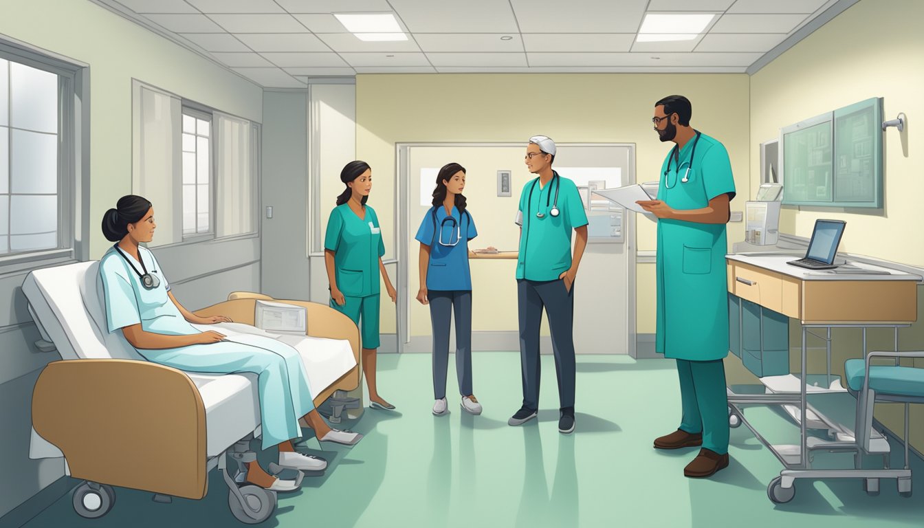 A hospital room with a doctor discussing policy limitations with a concerned patient's family