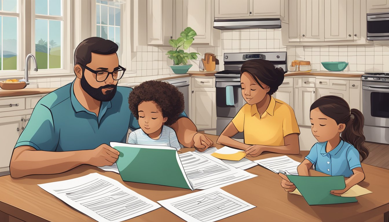 A family reviewing critical illness insurance policy documents at a kitchen table