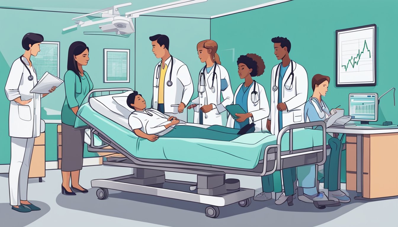 A hospital bed with a heart monitor showing a flat line, surrounded by concerned family members and a doctor holding a critical illness insurance policy