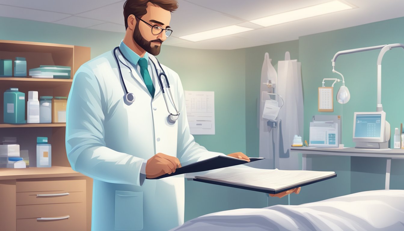 A doctor in a white coat holds a clipboard, standing in a hospital room with medical equipment and a patient's bed