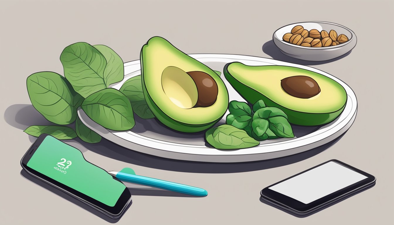 A plate with high-fiber keto-friendly foods like avocado, spinach, and nuts, next to a carb tracker app on a smartphone