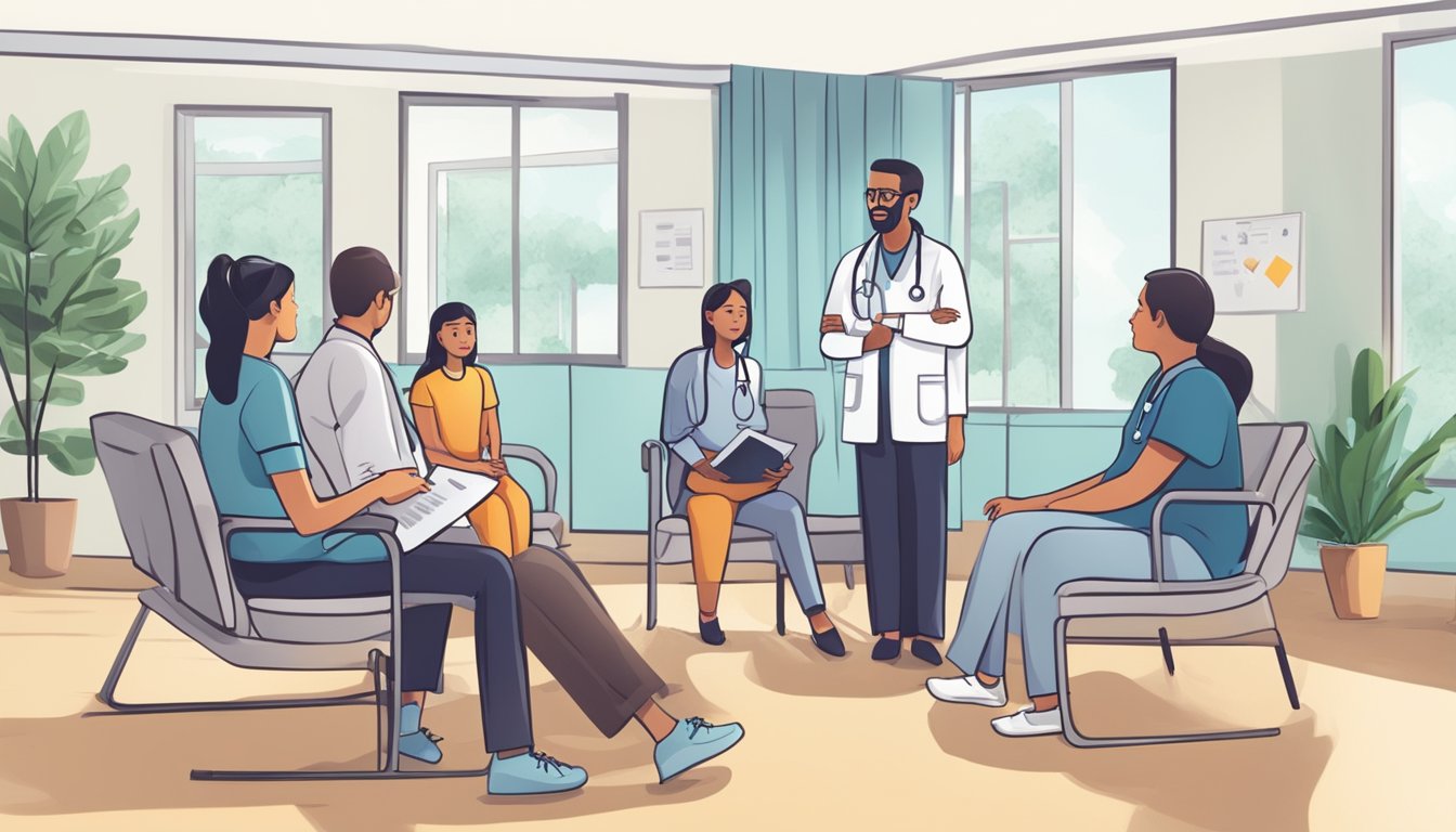 A doctor explaining critical illness insurance to a worried family in a hospital waiting room