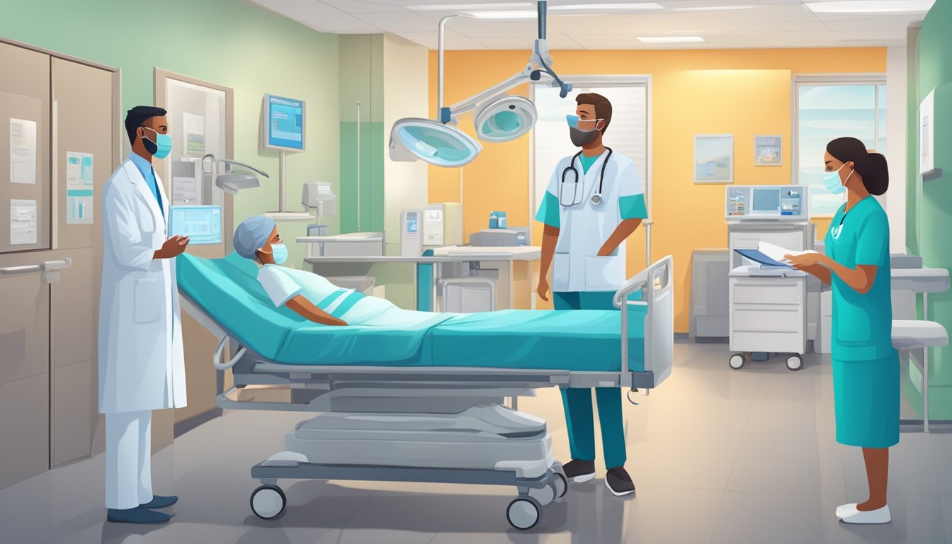 A hospital room with a patient's bed, medical equipment, and a doctor discussing critical illness insurance with a family