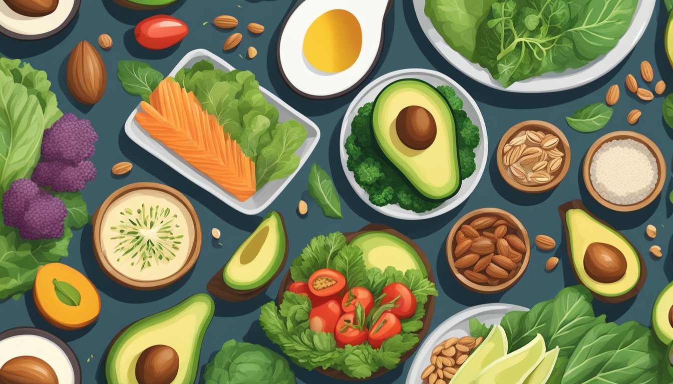 A colorful plate of keto-friendly foods, including leafy greens, nuts, seeds, and avocado, with a prominent focus on fiber-rich vegetables and low-carb options