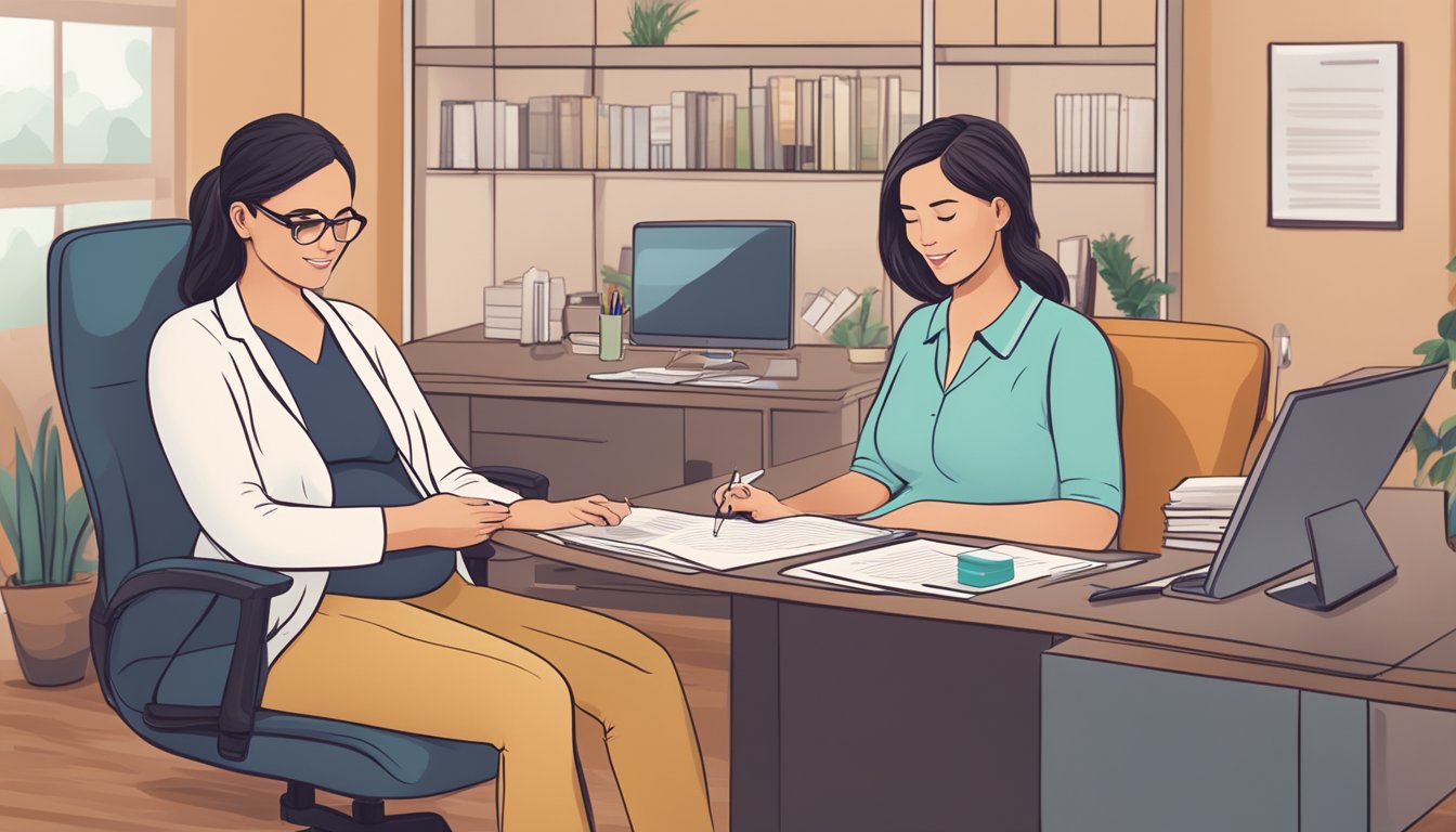 A pregnant woman receiving critical illness insurance information from an agent in a cozy office setting