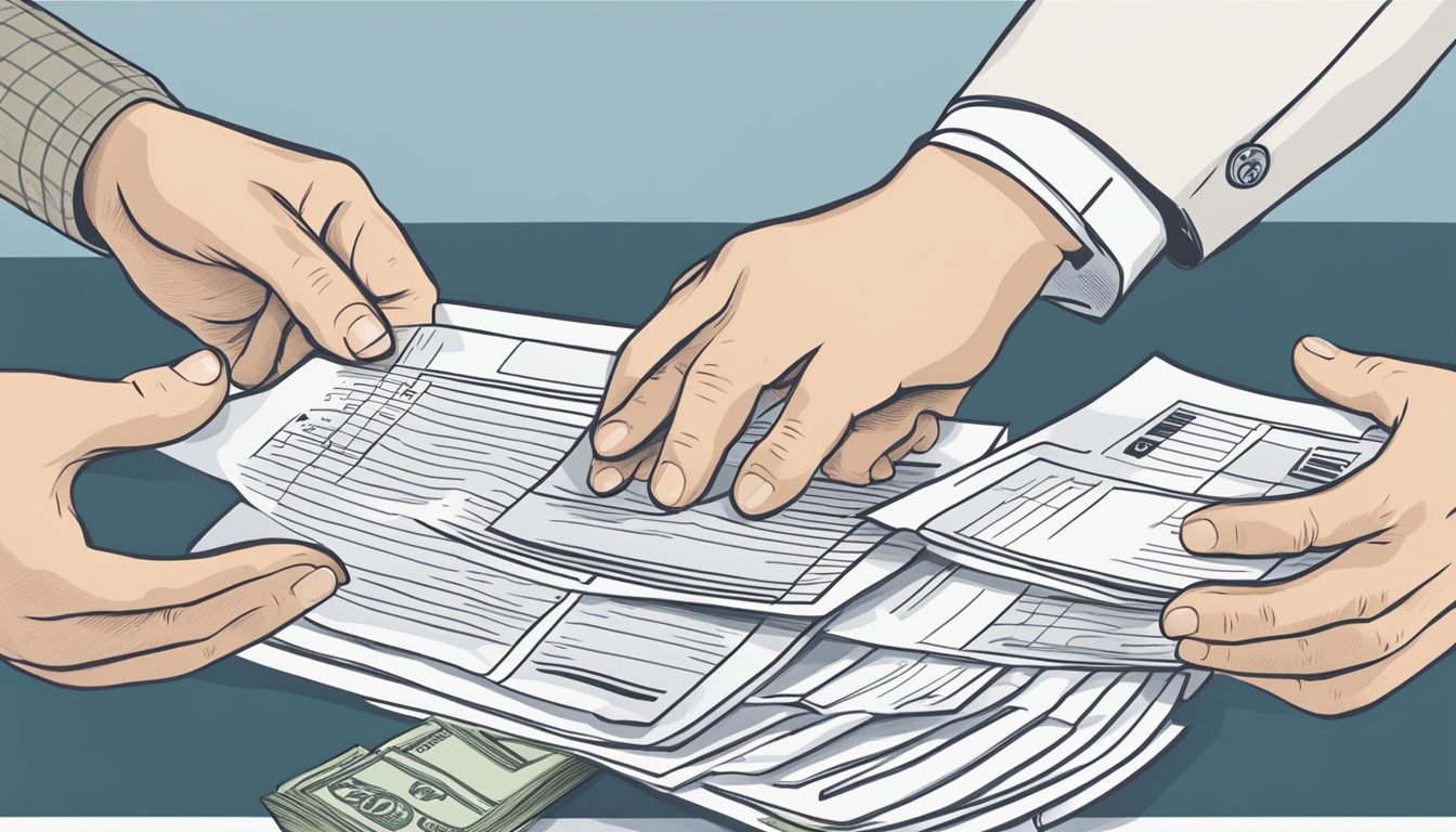 A pair of hands reaching for two different policy documents, one labeled "Critical Illness Insurance" and the other "Death Benefit"