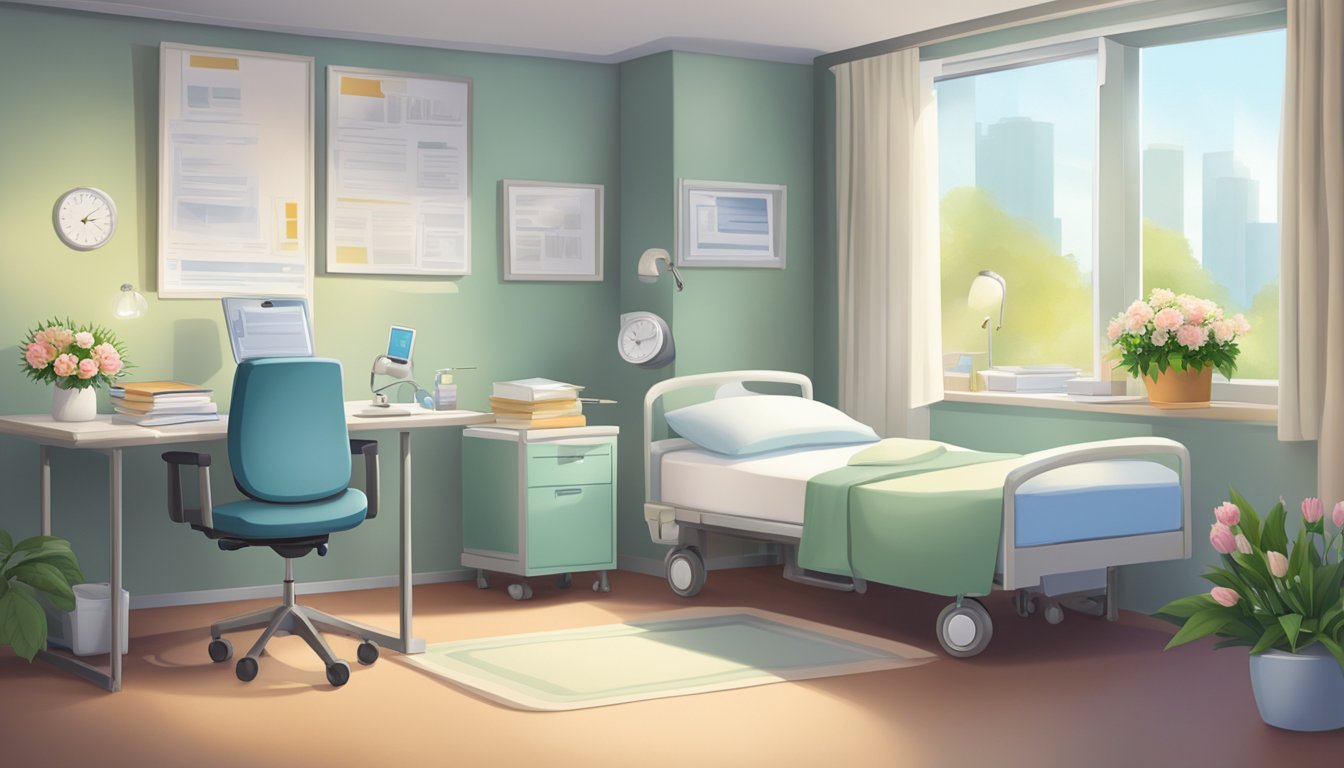 A hospital room with a bedside table holding an insurance policy document, a family photo, and a bouquet of flowers