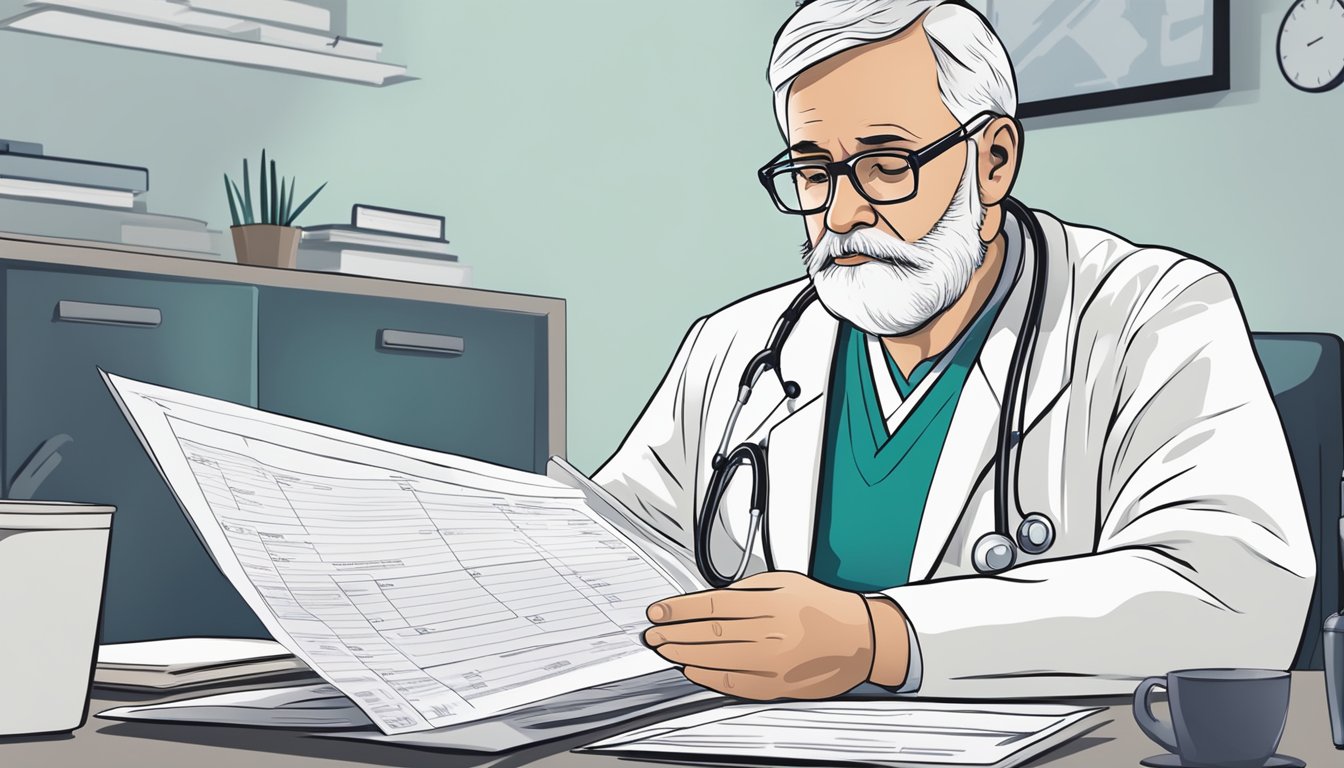 A doctor reviewing medical records for a critical illness insurance claim related to dementia